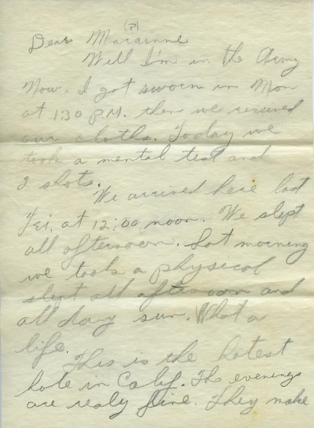 Handwritten Draft Letter to 'Marianne' Describing Army Induction, WWII Era -- Moon/Sammiet Correspondence
