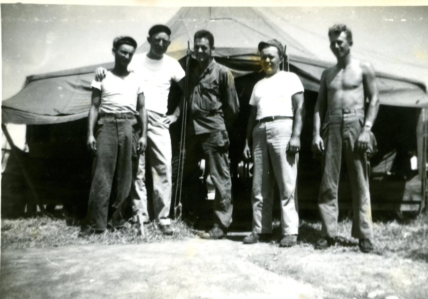 Five U.S. Marines Standing Before Open-Sided Tent, 5th Marine Division, Pacific Theater, 1945