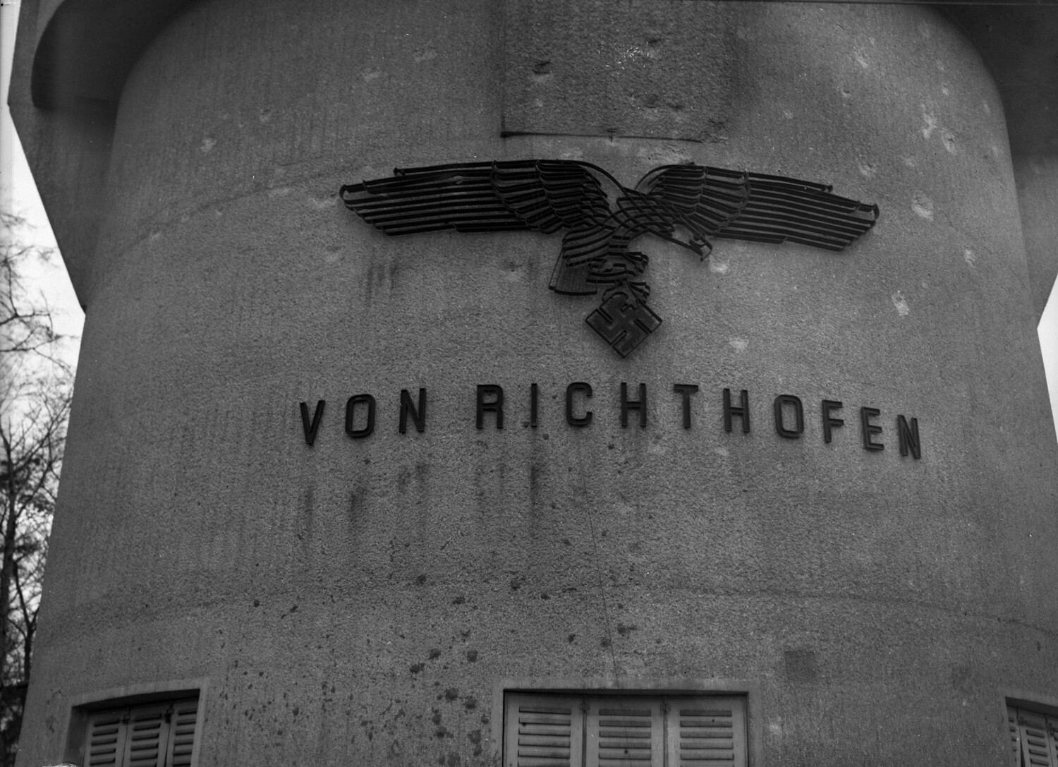 Third Reich Eagle Emblem and 'Von Richthofen' Signage on German Military Building, WWII