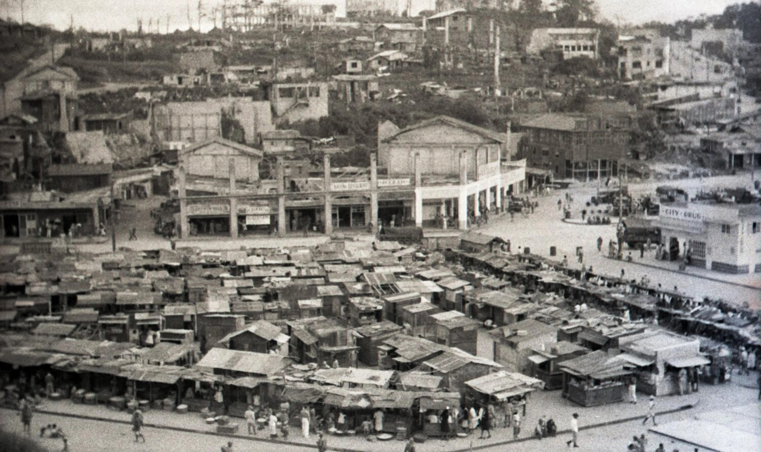 Elevated View of a Public Market District, Likely Baguio, Luzon, Philippines, WWII Era