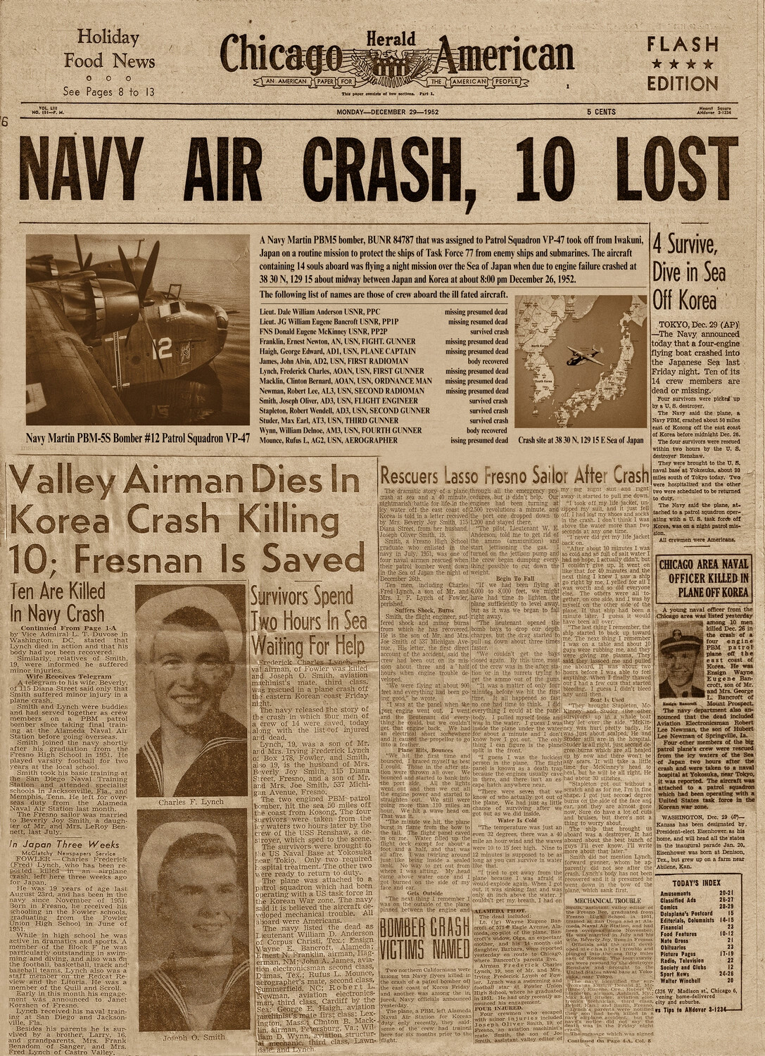 Chicago Herald American, December 29, 1952 — 'Navy Air Crash, 10 Lost' (PBM-5 Mariner, VP-47)