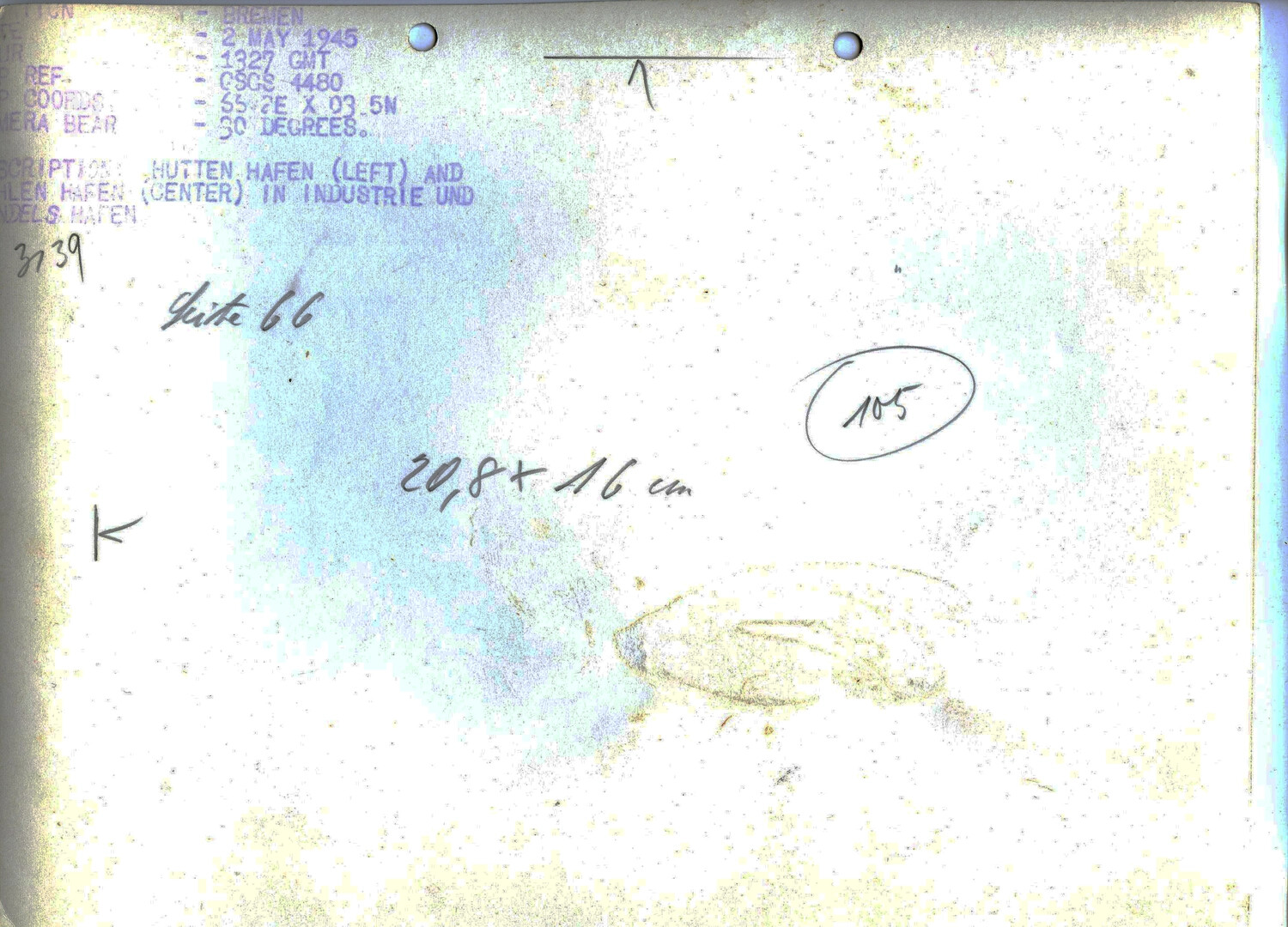 Verso of Aerial Reconnaissance Photograph – Bremen Harbor (Hutten Hafen / Muhlen Hafen), 2 May 1945