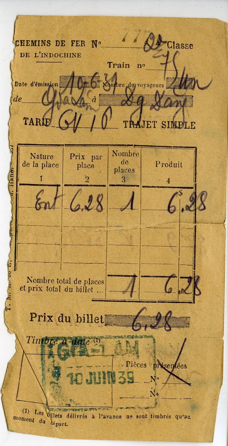 Chemins de Fer de l'Indochine (Indochina Railways) Ticket, Gia Lam, 10 June 1939