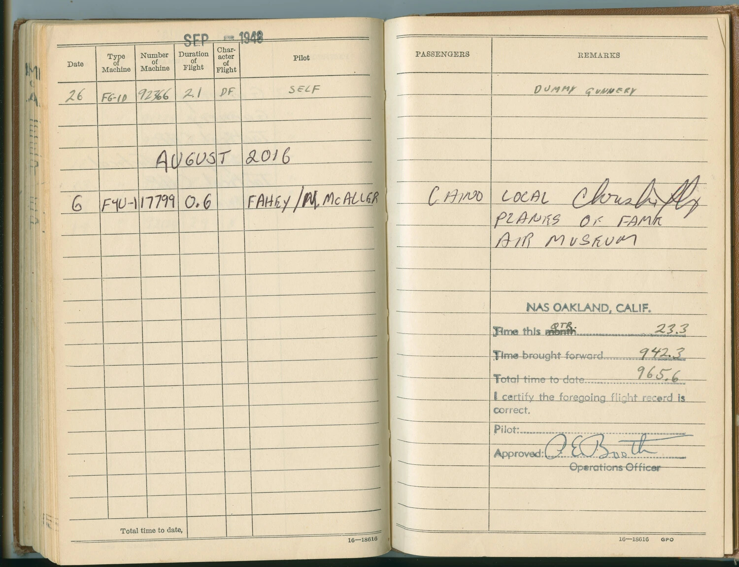 Pat McAleer Flight Log Book, Open to September 1948 and August 2016 Corsair Entries