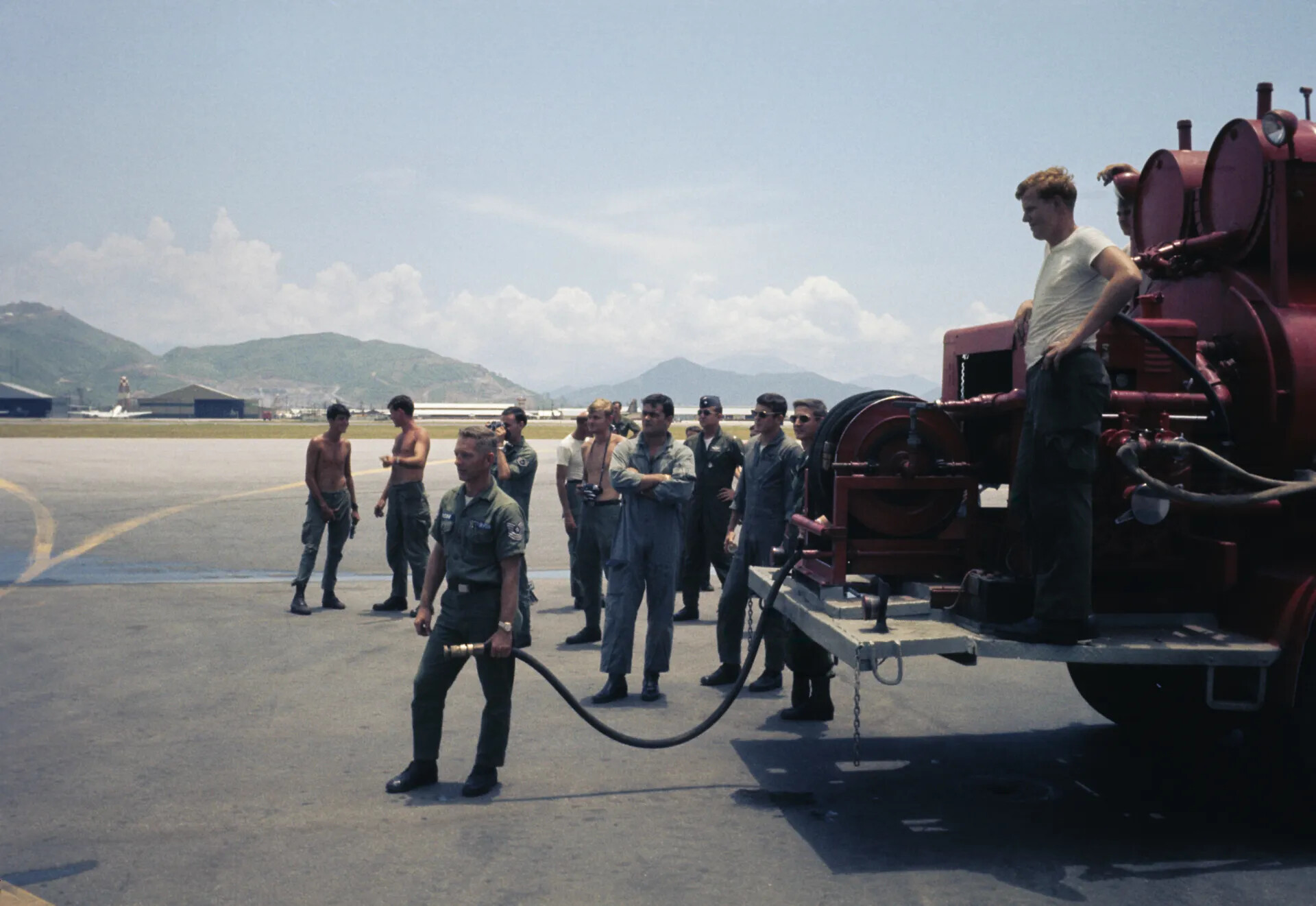 USAF Personnel with Fire Truck Preparing Wetting-Down Celebration, Vietnam War Era