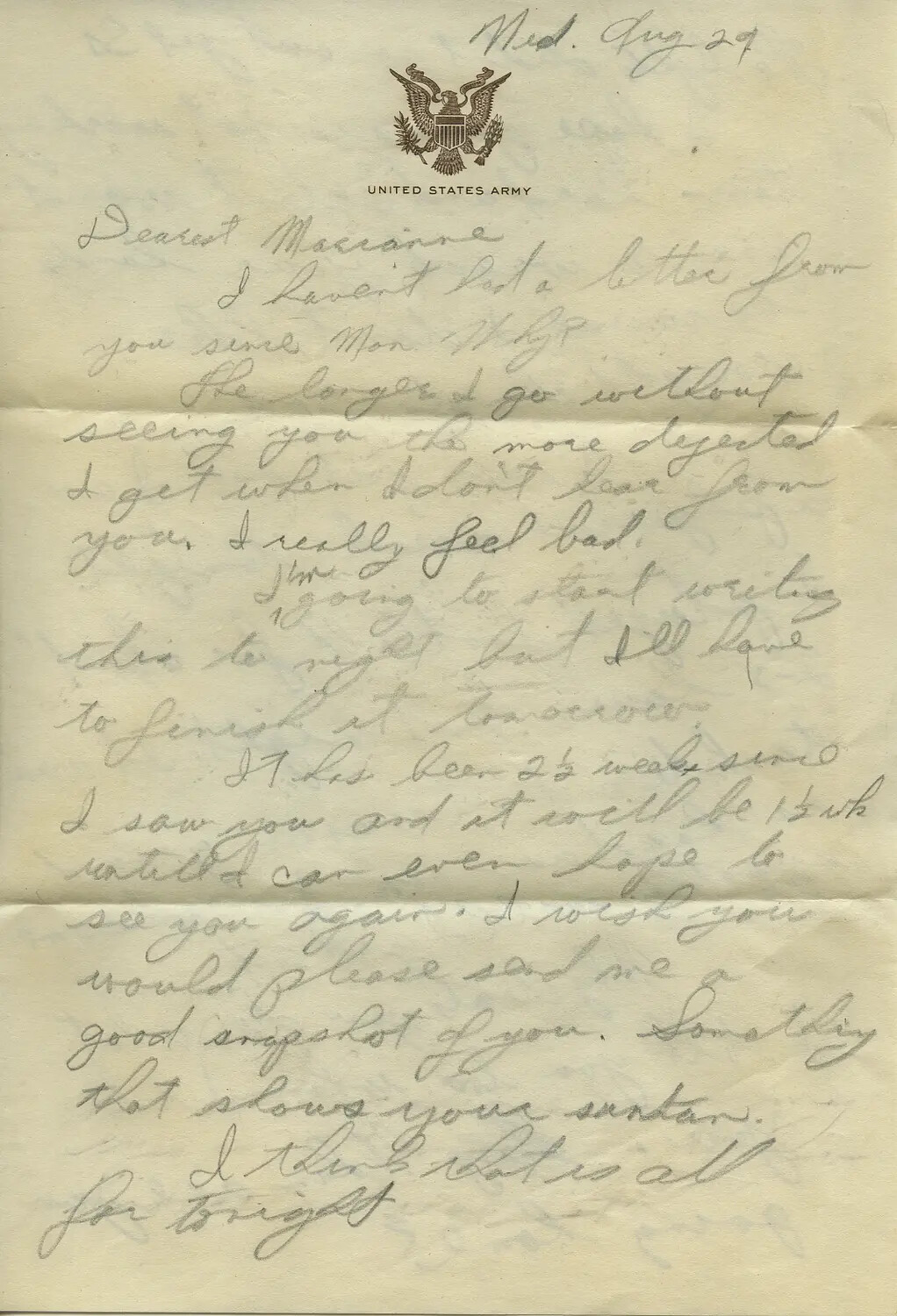 Handwritten Army Letter to 'Dearest Marianne,' Dated Wednesday, August 29 (Moon/Sammiet Collection)