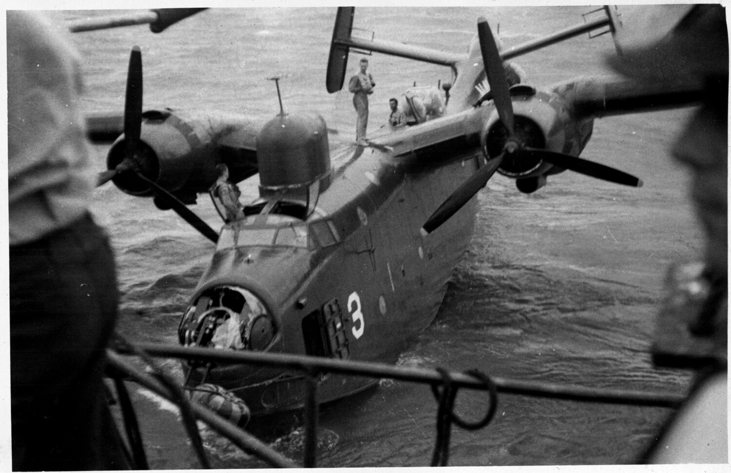 Martin PBM-5 Mariner Flying Boat with Damaged Nose Turret Alongside Ship, Korean War Era