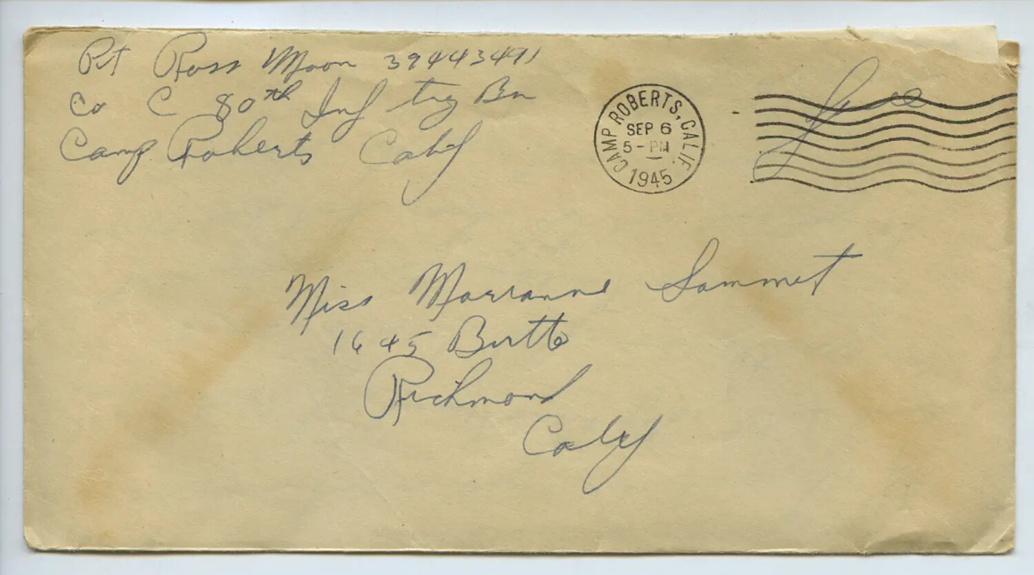 WWII Military Mail Envelope — Pvt. Ross Moon, Camp Roberts, California to Miss Marianne Sammiet, September 1945