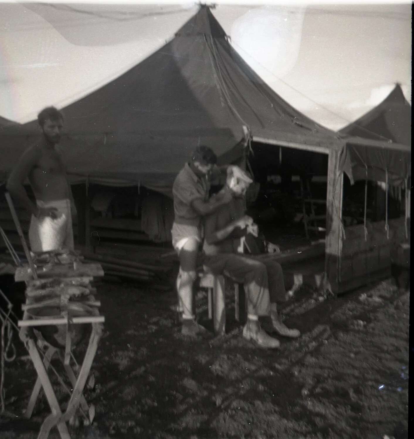 Field Haircut Outside Squad Tents, 345th Bomb Group Encampment, Ie Shima, WWII