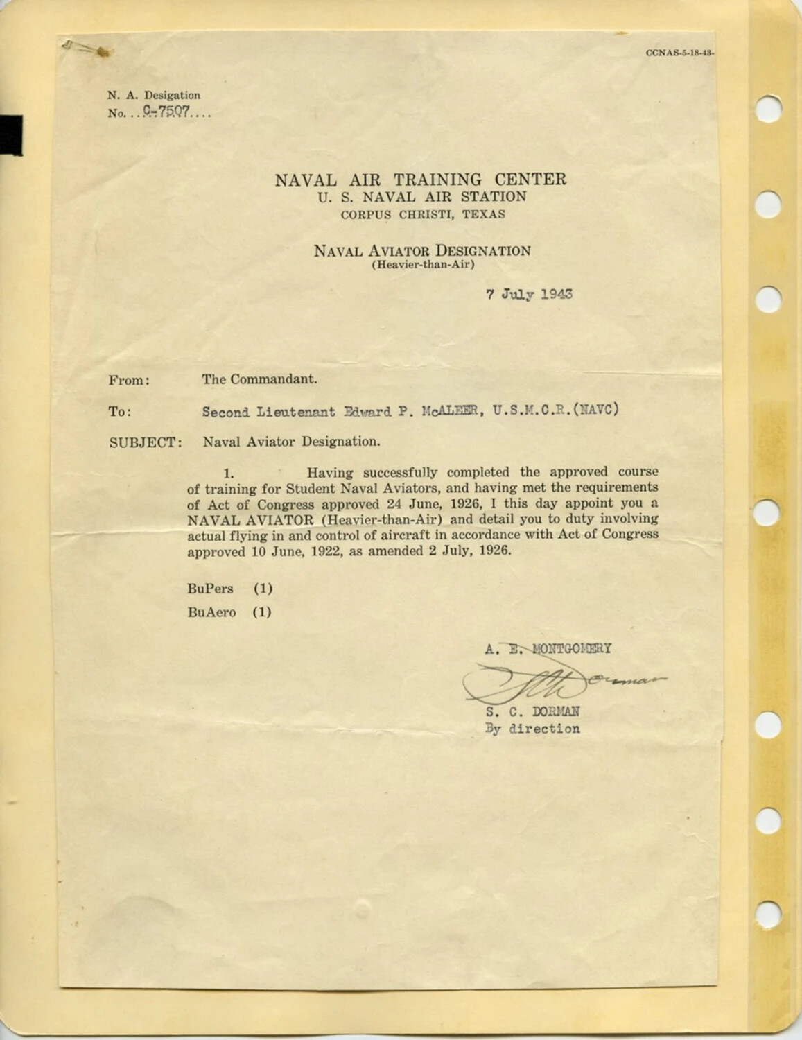 Naval Aviator Designation Letter for 2nd Lt. Edward P. McAleer, USMCR, NAS Corpus Christi, 7 July 1943