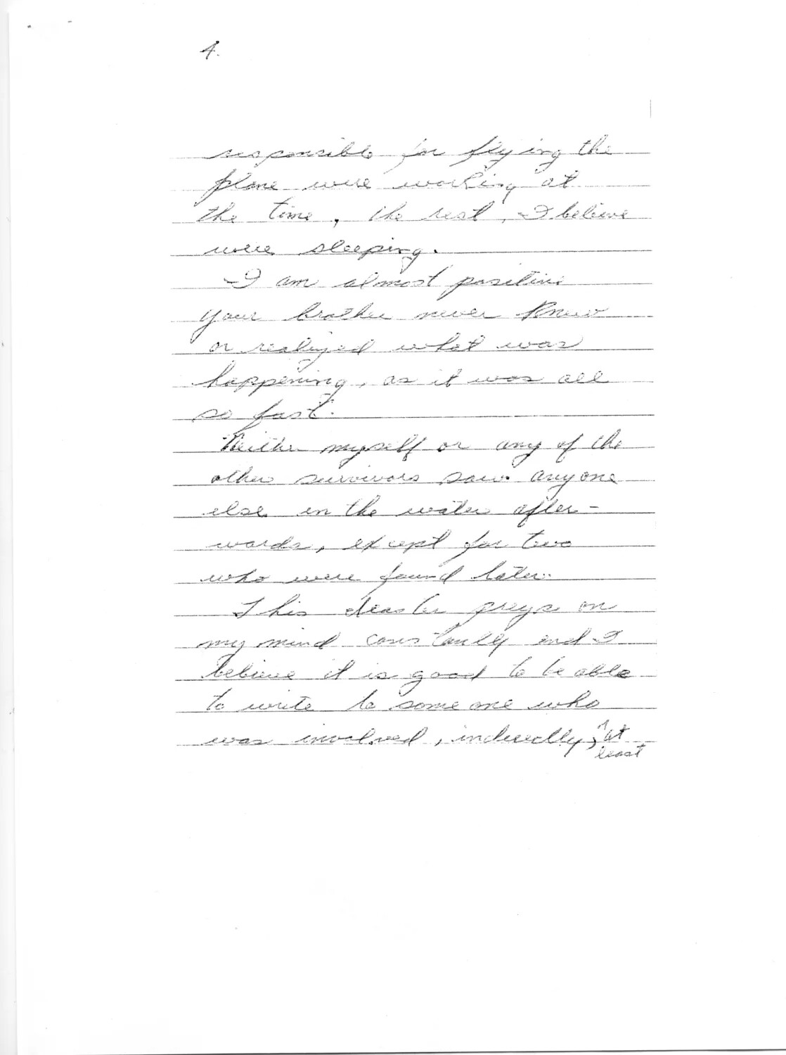 Handwritten Survivor's Letter, Page 4, Describing Aircraft Crash/Ditching at Sea, Korean War Era