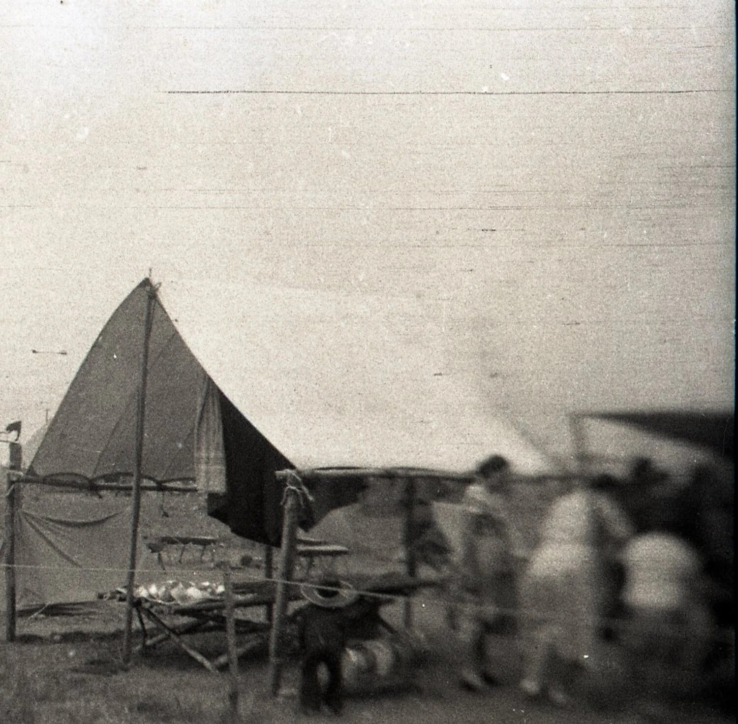 Pole Tent with Cot and Figures at Youth Encampment, State-Side, WWII Era
