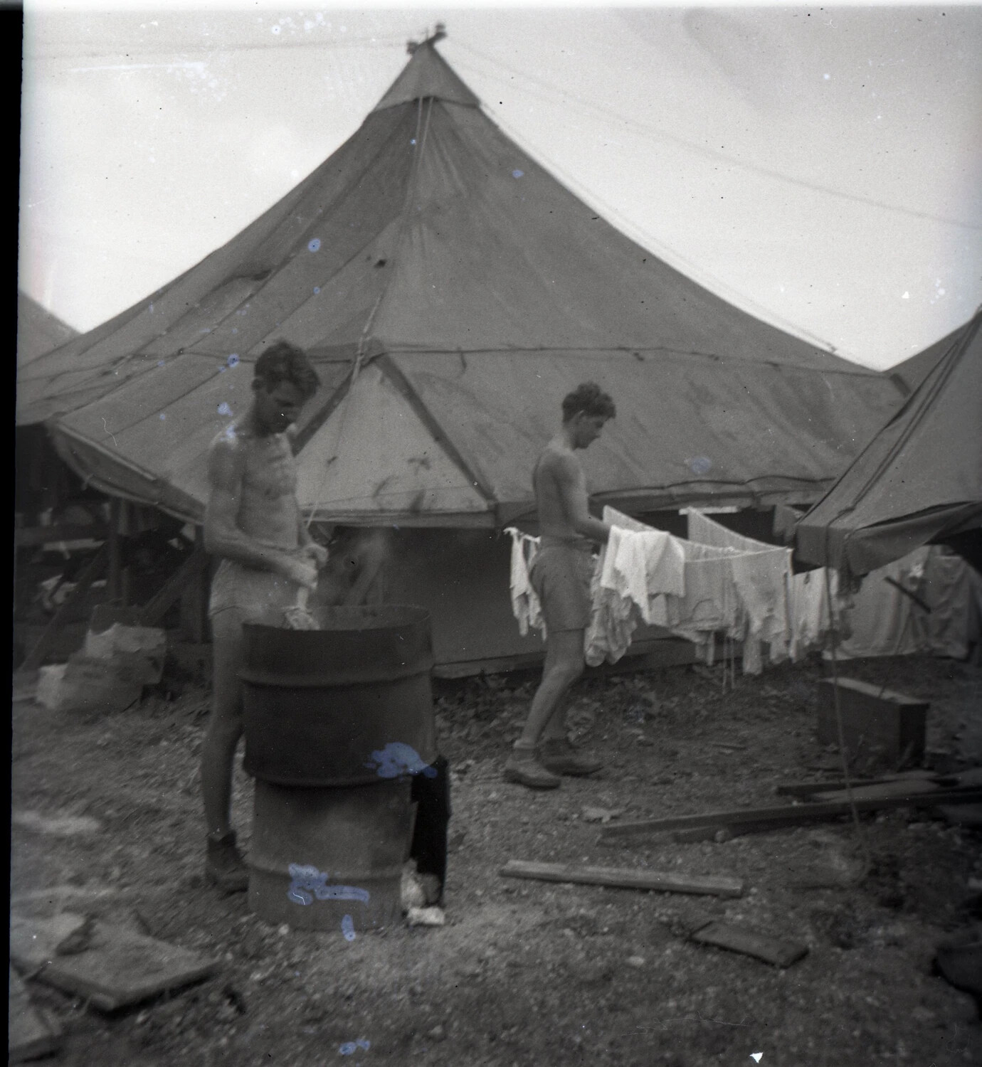Airmen Doing Laundry at Tent Camp, 345th Bombardment Group, Ie Shima, WWII
