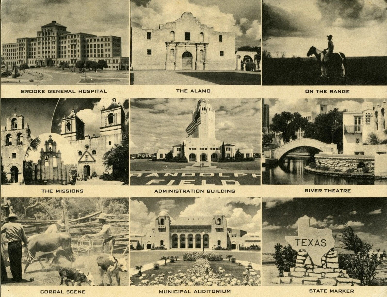 WWII-Era San Antonio, Texas Jumbo Souvenir Postcard, Nine-View Composite