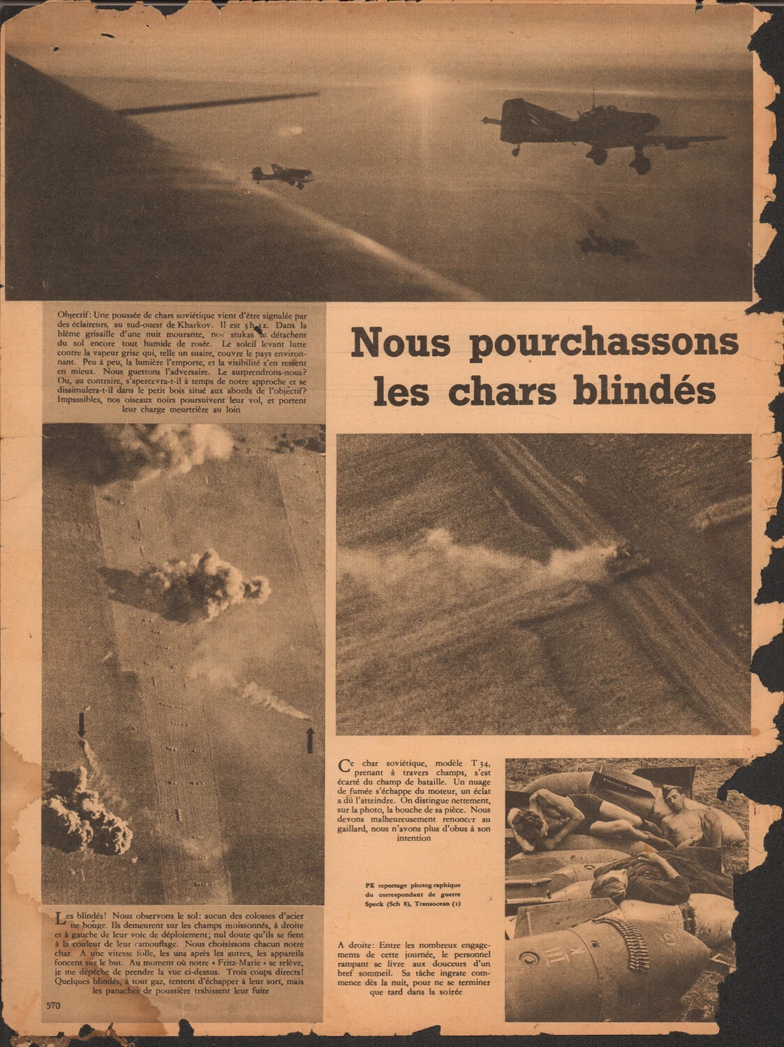 Der Adler Magazine Interior Spread, Page 570 - "Nous pourchassons les chars blindes": Ju 87 Stuka Dive-Bomber Attack on Soviet T-34 Tanks near Kharkov, Eastern Front, WWII