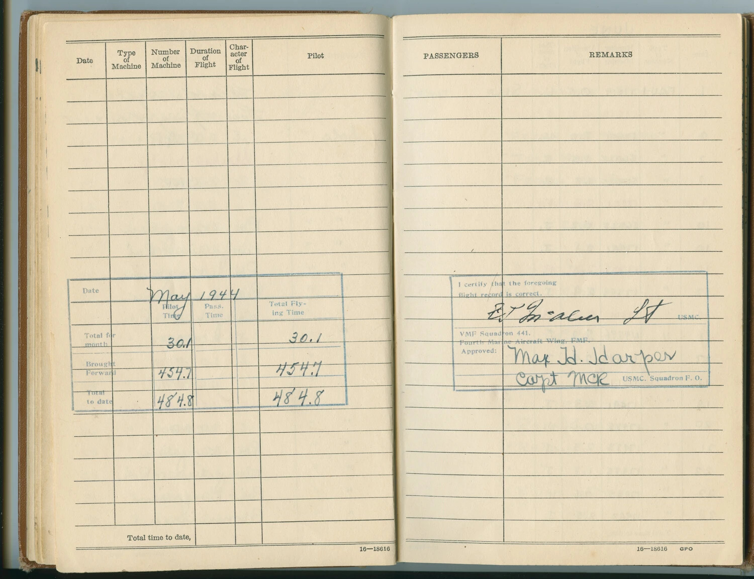 USMC Aviator's Flight Logbook, May 1944 Monthly Summary, VMF-441, Edward P. McAleer Collection