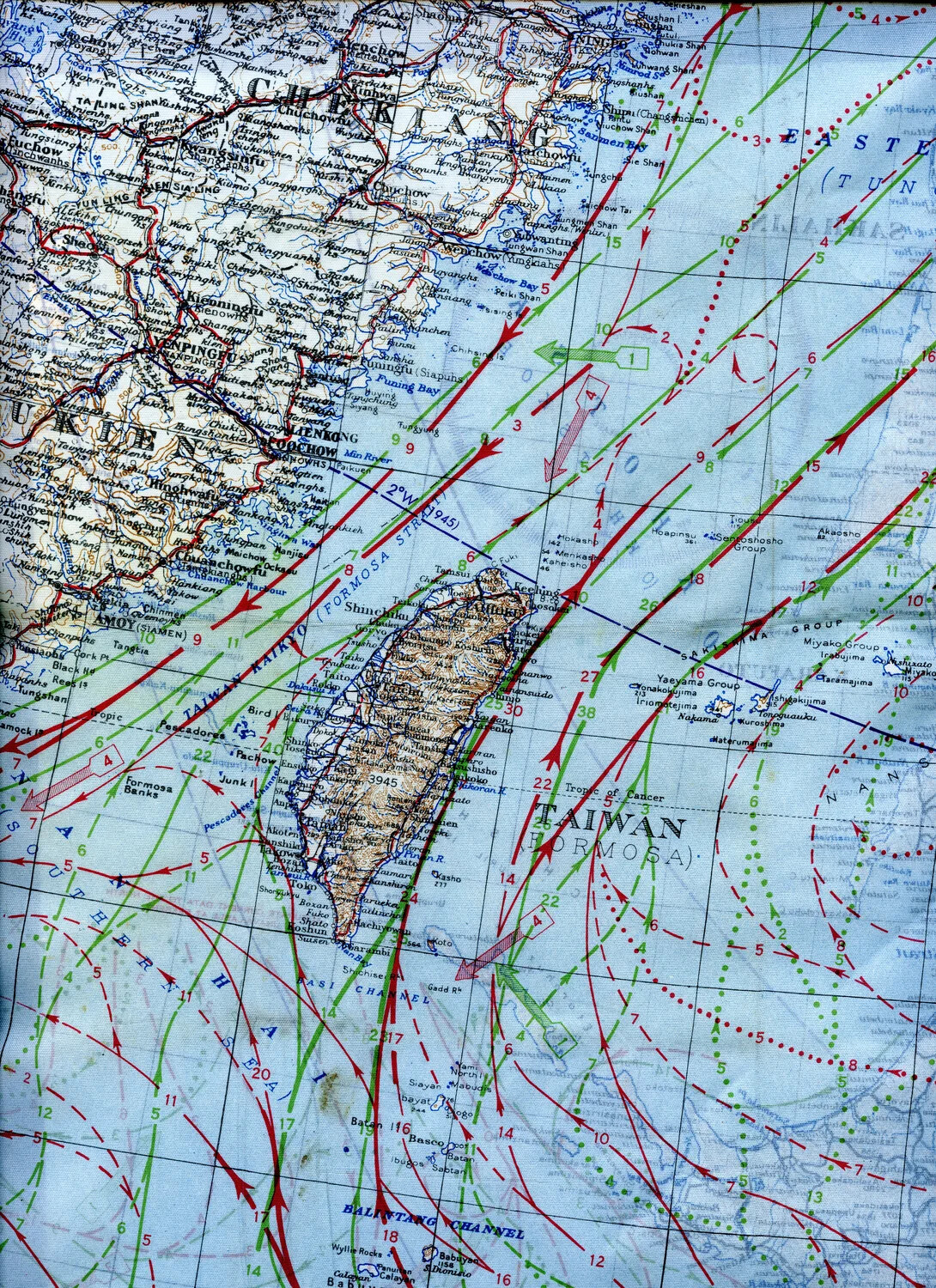 WWII Escape and Evasion Silk Map, China Coast and Formosa (Taiwan) Sector, 345th Bomb Group Collection