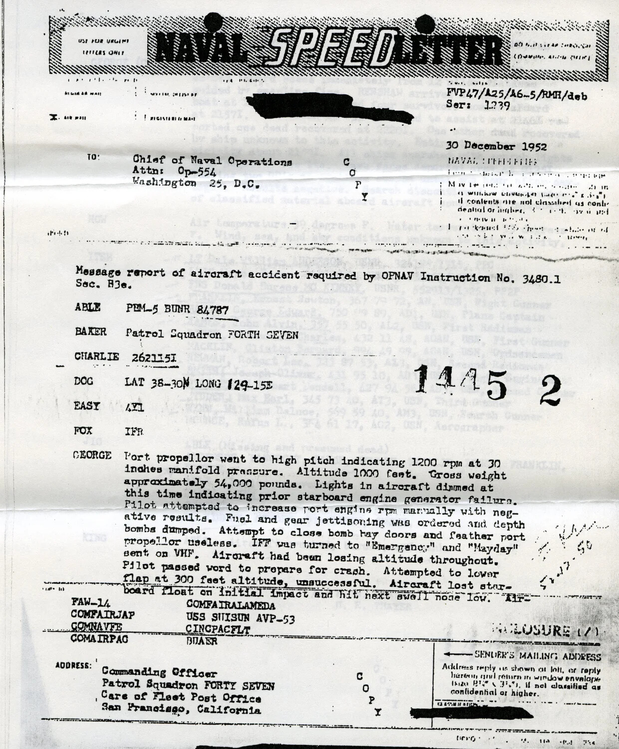 Naval Speedletter: PBM-5 Mariner Aircraft Accident Report, VP-47, 30 December 1952 (Korean War)