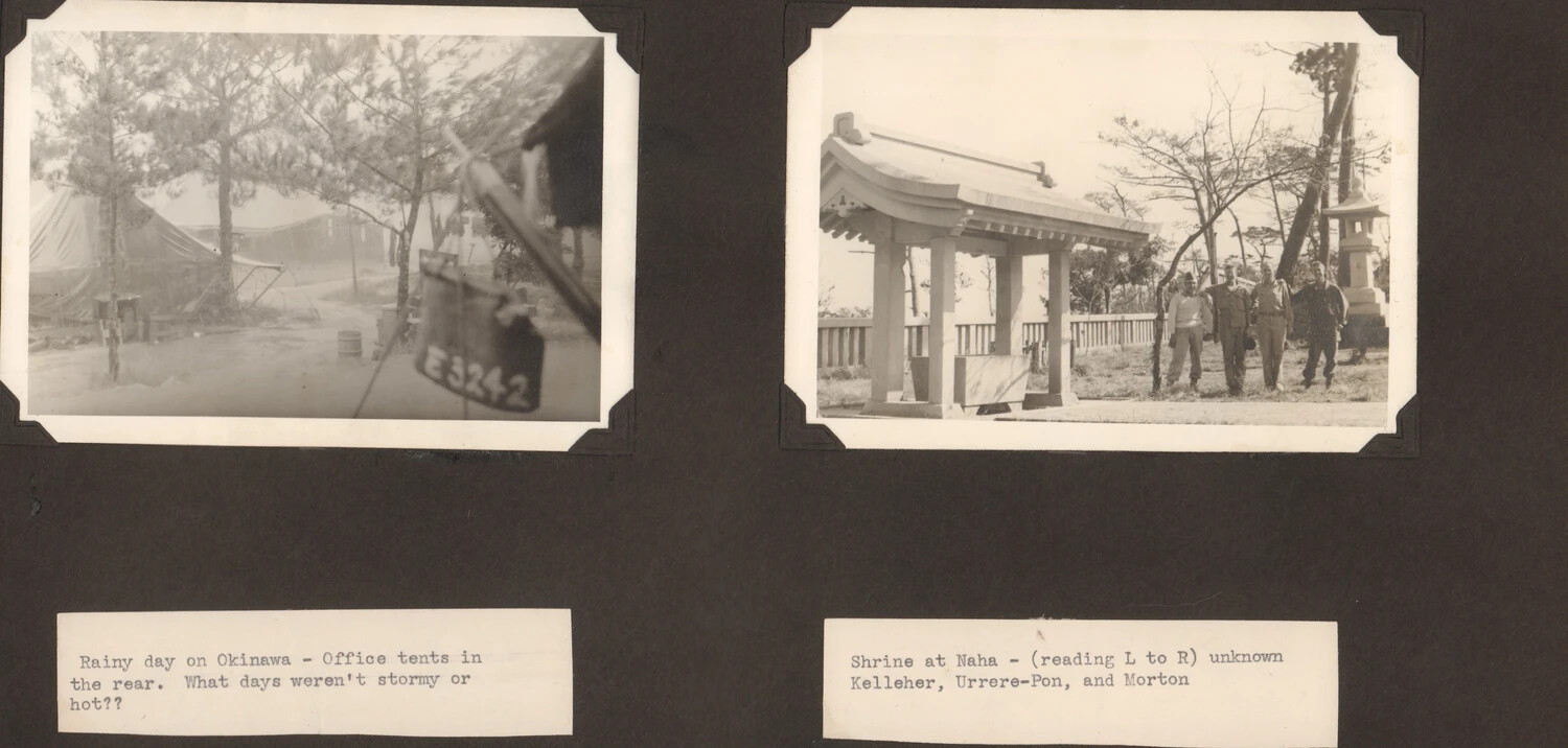 Album Page: Rainy Camp Scene and Shrine at Naha, Okinawa - WWII Japan Photo Album