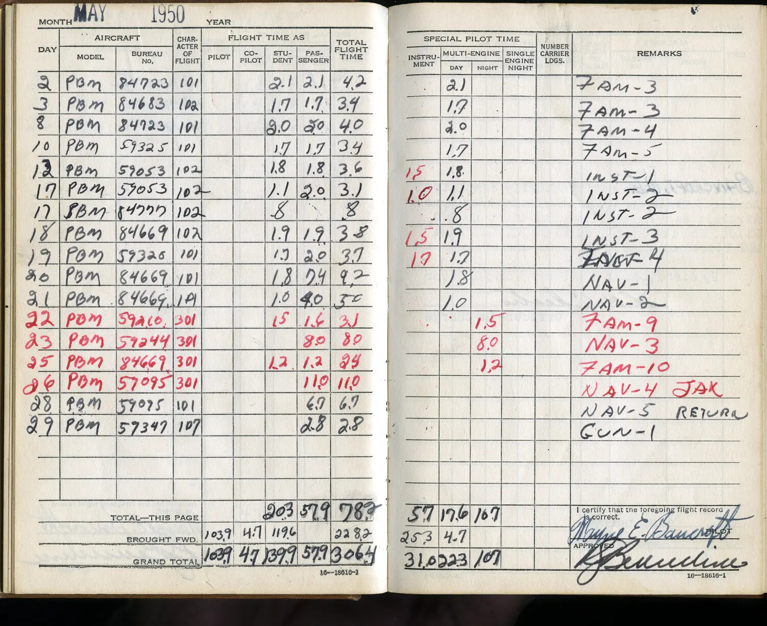 Lt. Wayne E. Bancroft's U.S. Navy Flight Log Book - PBM Mariner Training Flights, May 1950