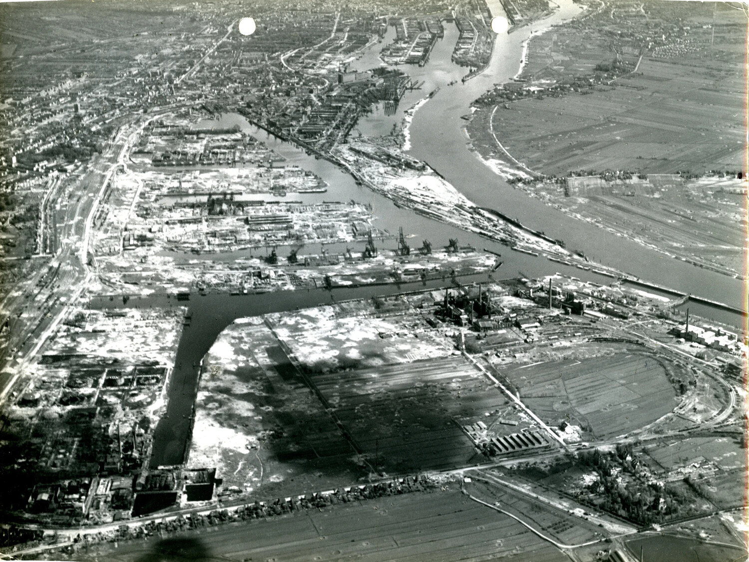 Aerial Reconnaissance Photograph of European River Port and Industrial Harbor, WWII European Theater