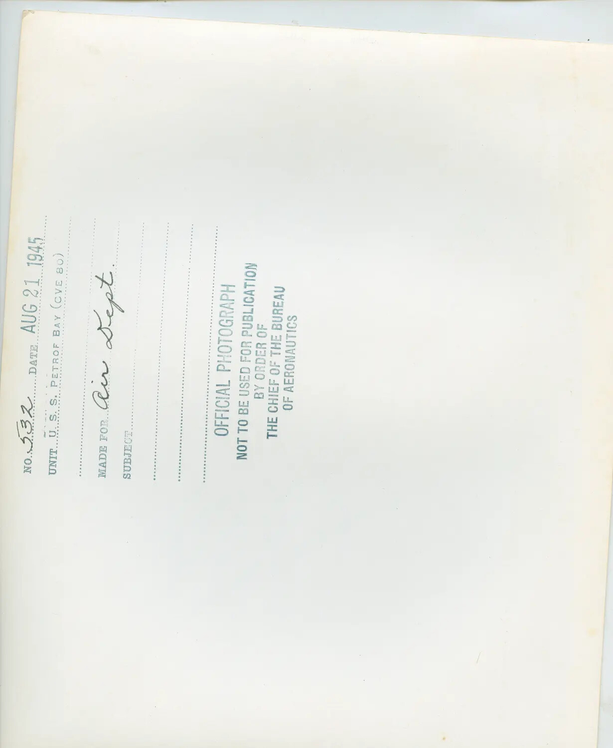 U.S. Navy Bureau of Aeronautics Photograph Caption Sheet, USS Petrof Bay (CVE-80), 21 August 1945 (Duplicate)