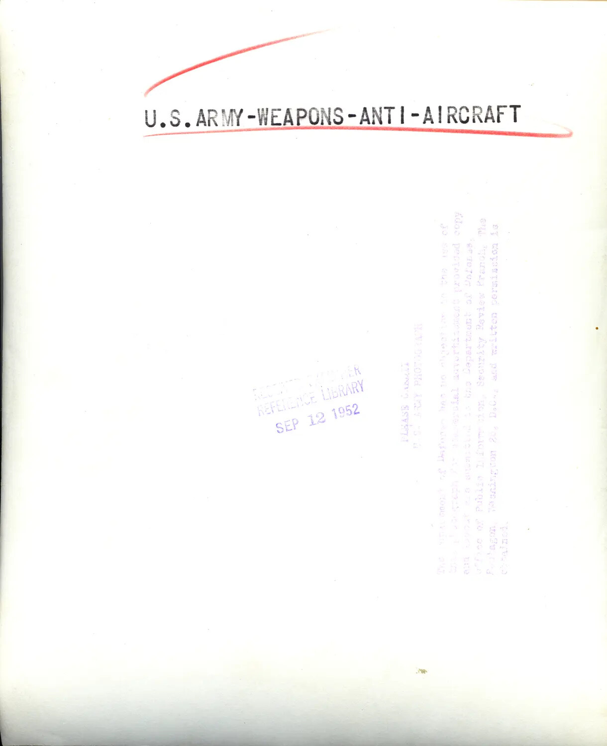 Archival Reference Library Mounting Page, 'U.S. Army-Weapons-Anti-Aircraft' Subject Heading, Dated September 1952