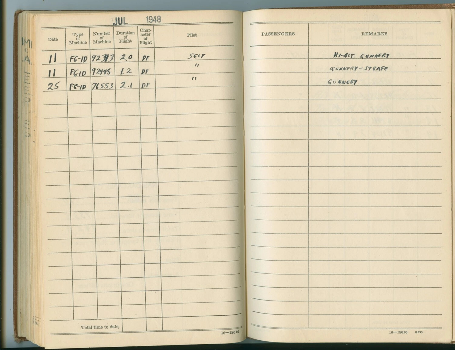 Pilot's Flight Logbook Page, July 1948 — FG-1D Corsair Gunnery Training Entries