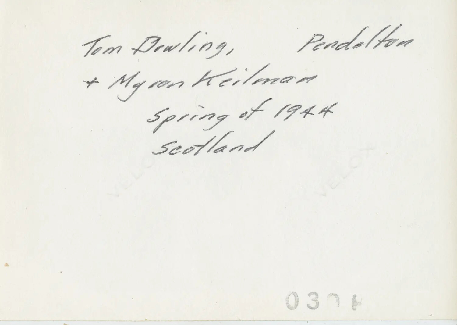 Verso Caption: Tom Dowling, Pendleton, and Myron Keilman, Scotland, Spring 1944