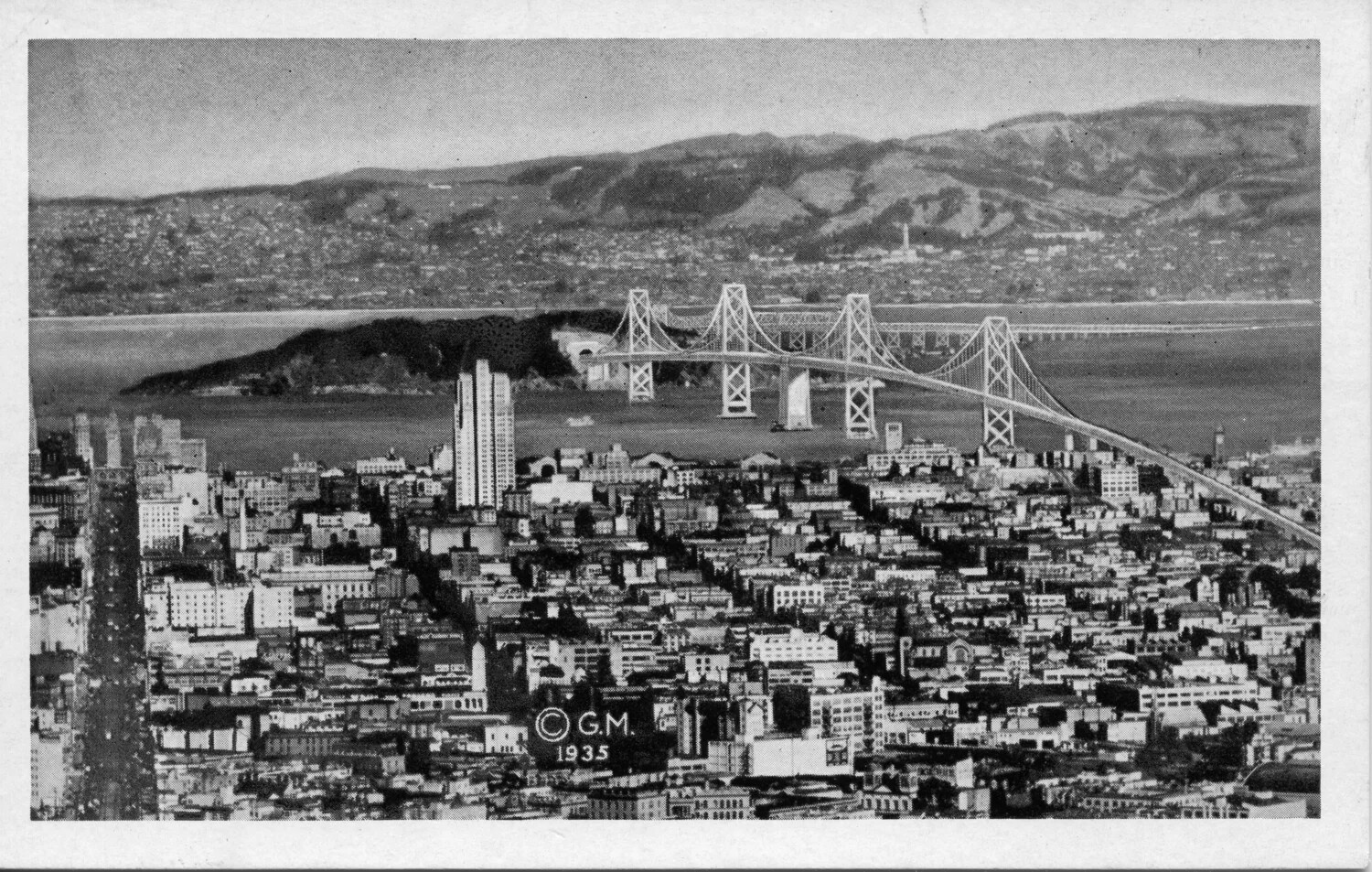 Real Photo Postcard: Aerial View of San Francisco and the Bay Bridge, 1935