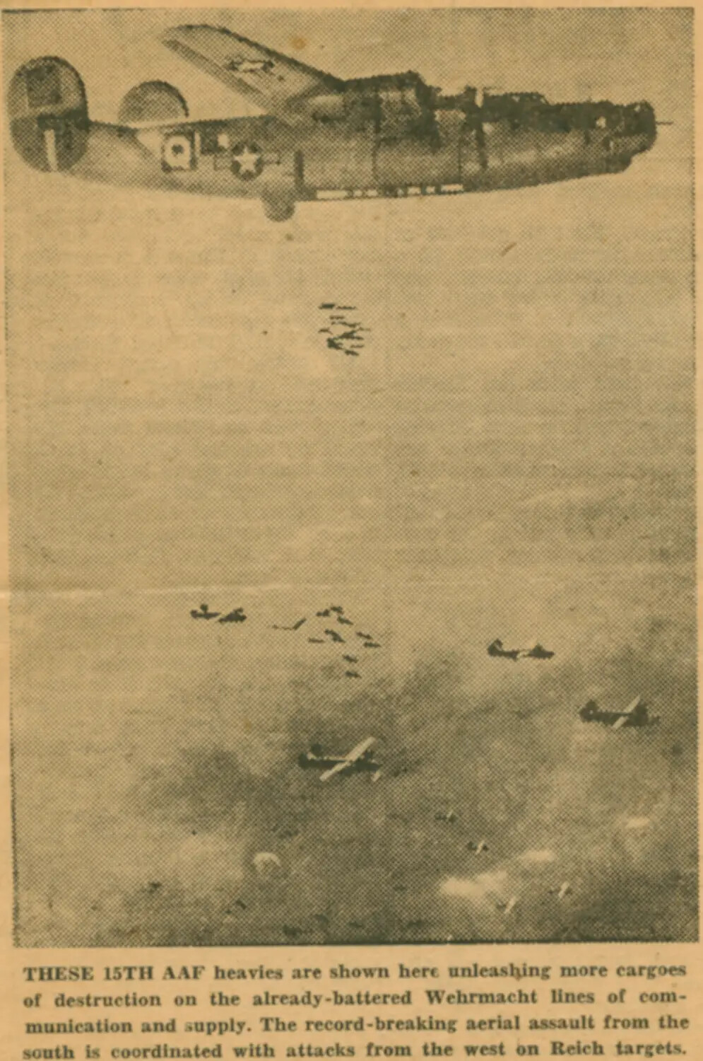 Newspaper Clipping: 15th Air Force B-24 Liberators Bombing Wehrmacht Supply Lines, WWII European Theater