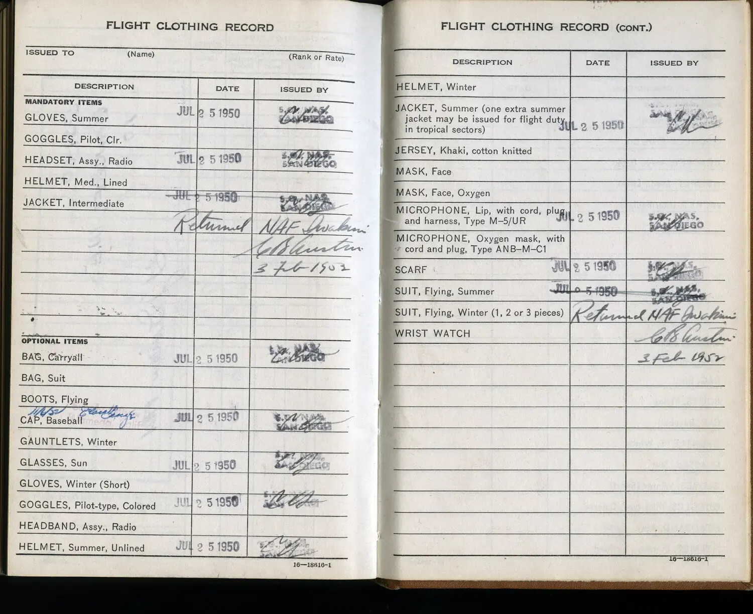 Flight Clothing Record Booklet Pages, Lt. Bancroft, U.S. Navy, Korean War Era (1950-1952)