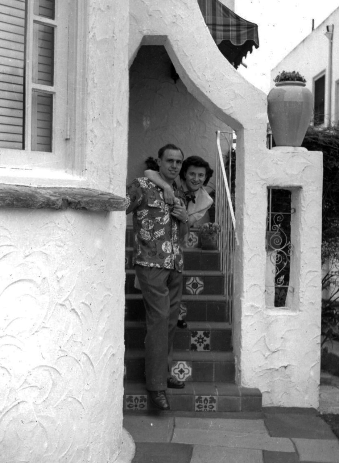 Personal Snapshot: Couple on Tiled Entry Stairway, Spanish Colonial Revival Residence, c. late 1940s-1950s