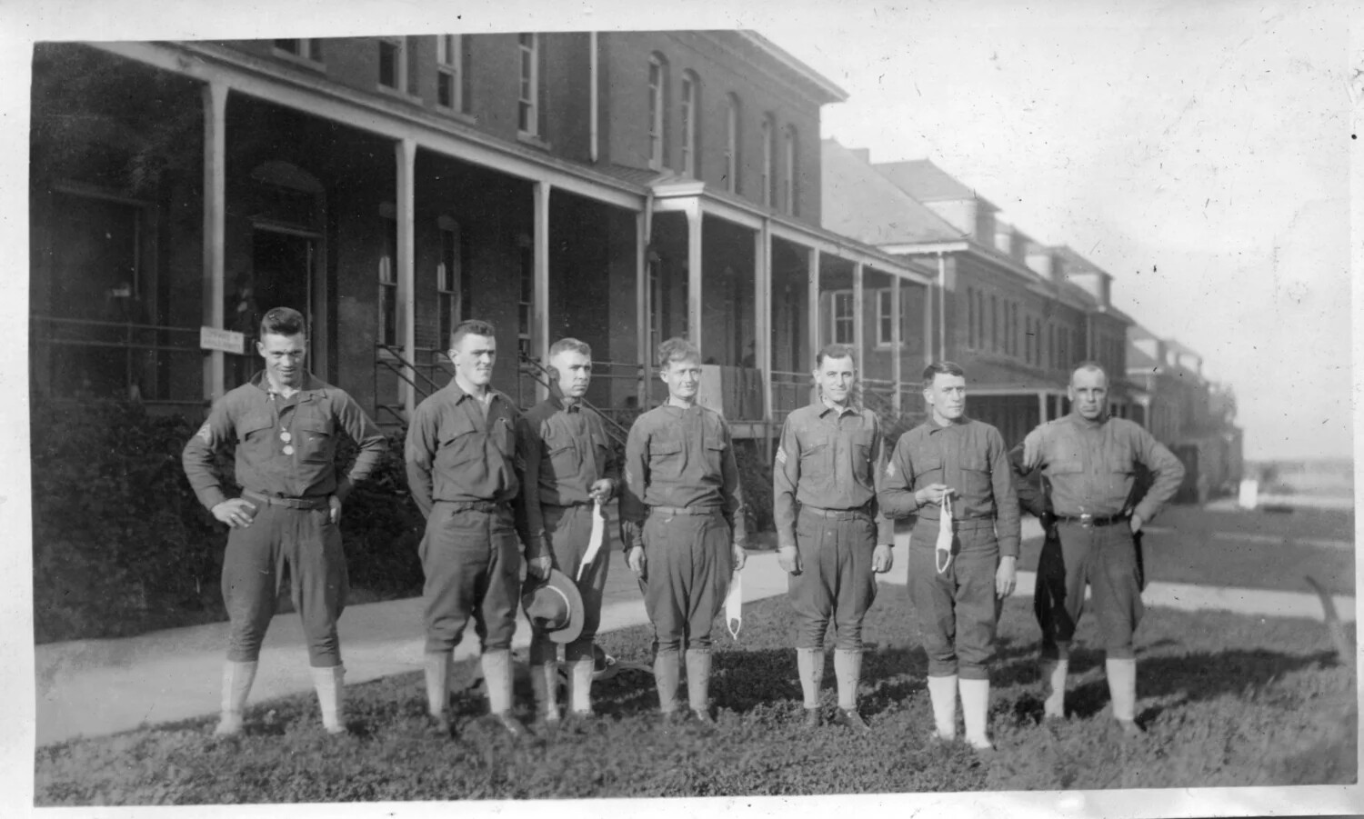 Group Portrait of Seven Army Sergeants in Front of Barracks, Presidio of San Francisco, c. WWI Era