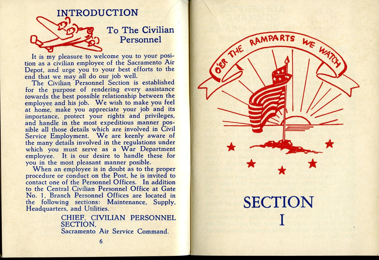 Introduction Page and Section I Divider, McClellan Field Civilian Personnel Guide Booklet (WWII era)