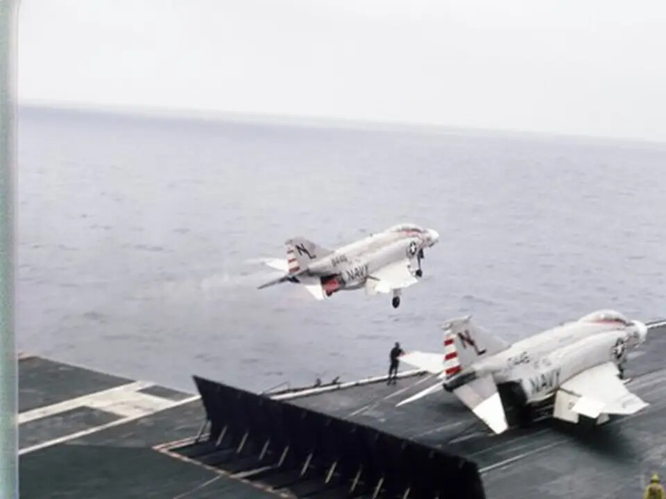 U.S. Navy F-4 Phantom II Launching from Aircraft Carrier Flight Deck