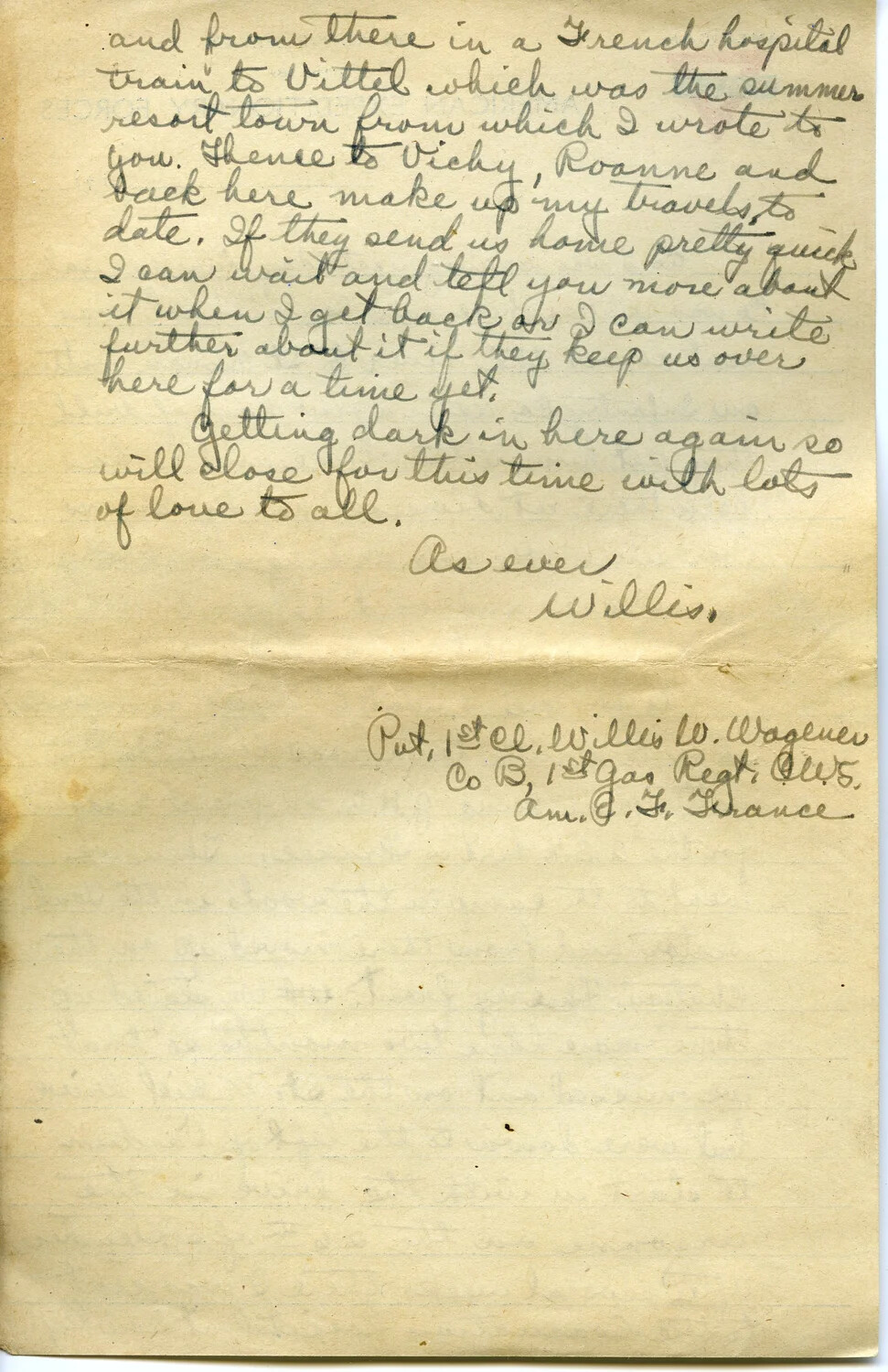 Handwritten WWI Letter from Pvt. Willis W. Wagener, Co. B, 1st Gas Regiment, A.E.F., France