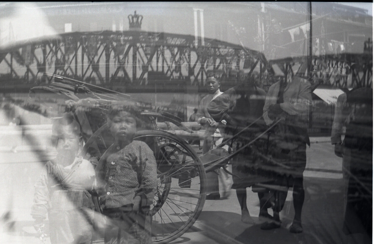 Double-Exposed Street Scene with Rickshaw and Steel Truss Bridge, China