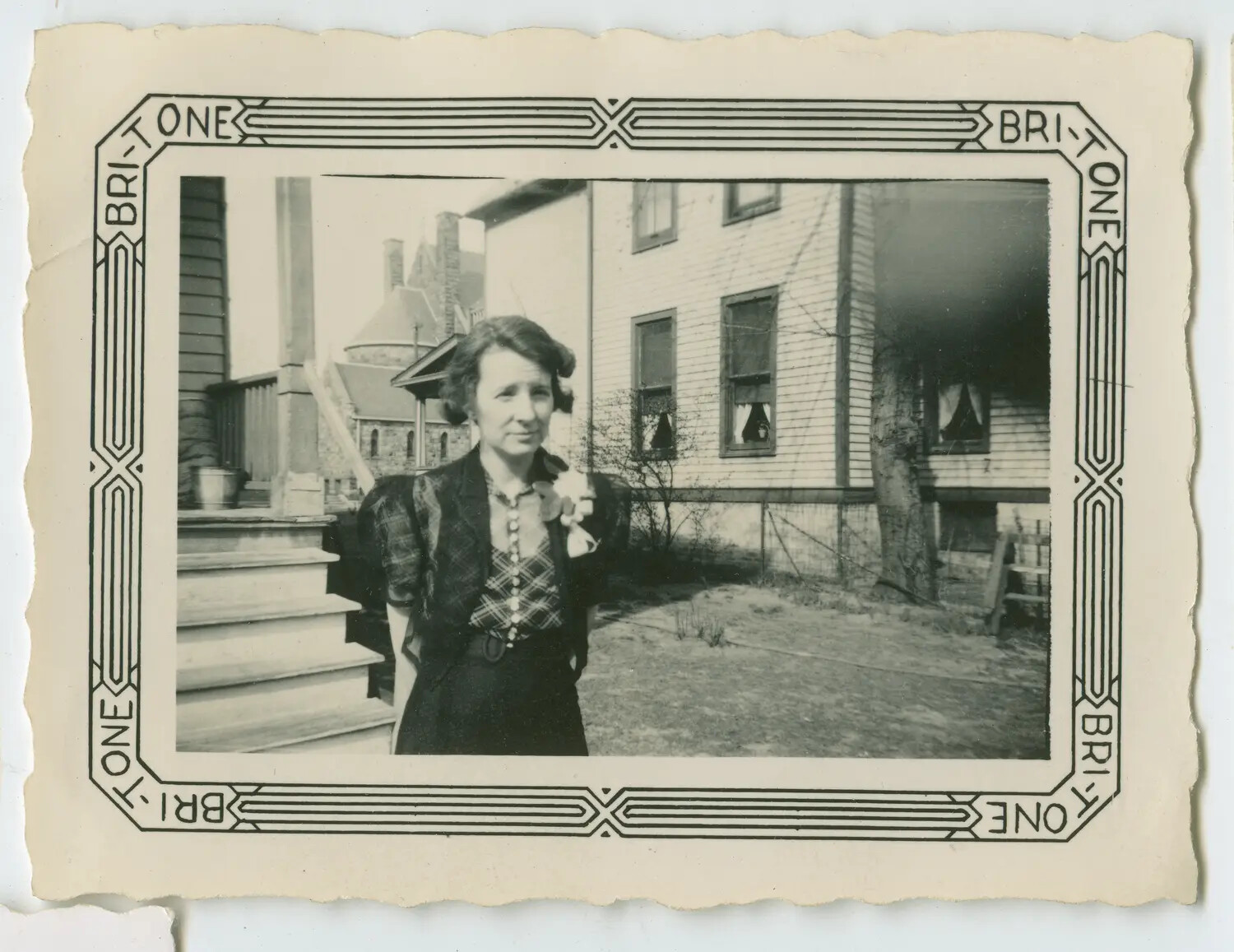 Woman in Residential Backyard, Bri-Tone Bordered Snapshot, WWII Home Front Era