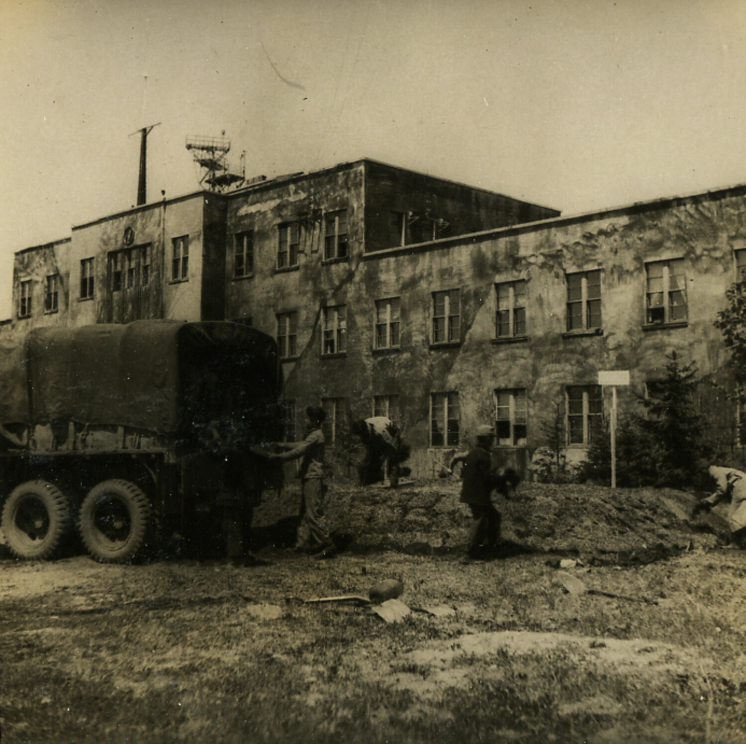 U.S. Military Truck and Work Detail Landscaping Grounds of Occupied Japanese Building, Post-WWII Japan