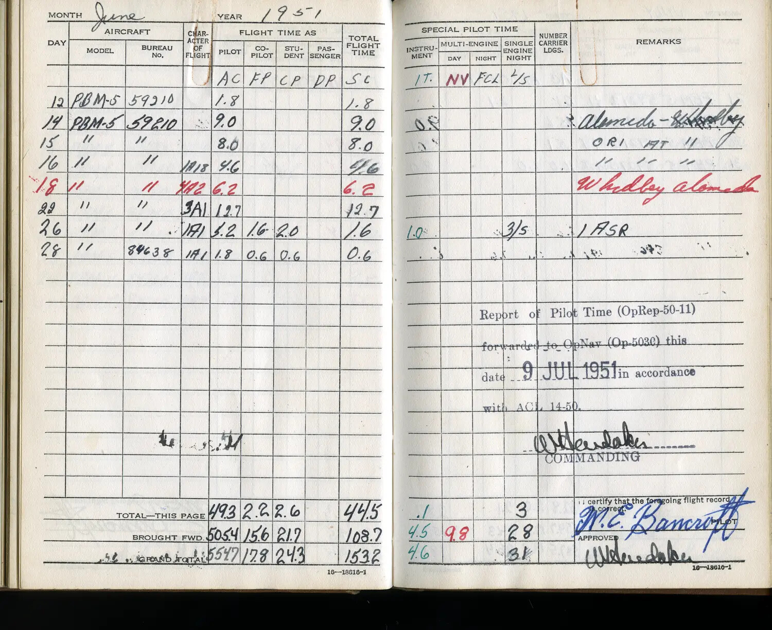 Naval Aviator's Flight Logbook, June 1951, Lt. M.E. Bancroft, PBM-5 Mariner Squadron