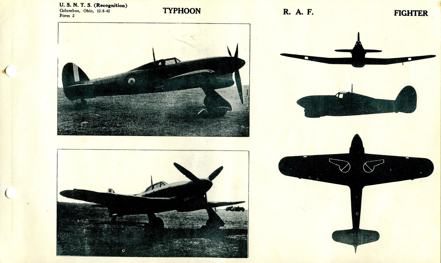 Aircraft Recognition Training Page: Hawker Typhoon (RAF Fighter), USNTS Columbus, Ohio, 1942