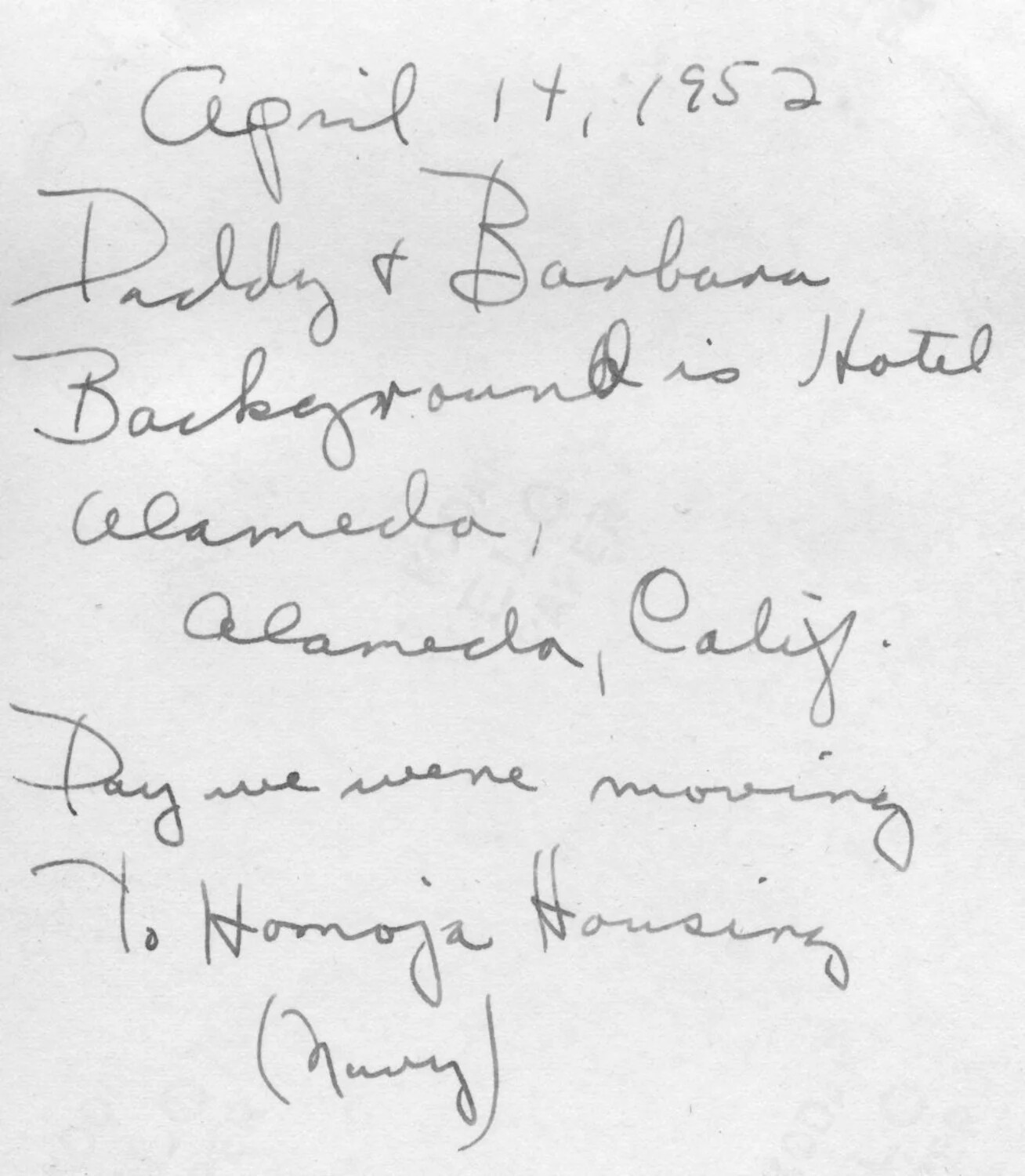 Handwritten Photo Caption: "Paddy & Barbara," Hotel Alameda, Alameda, California, April 14, 1952