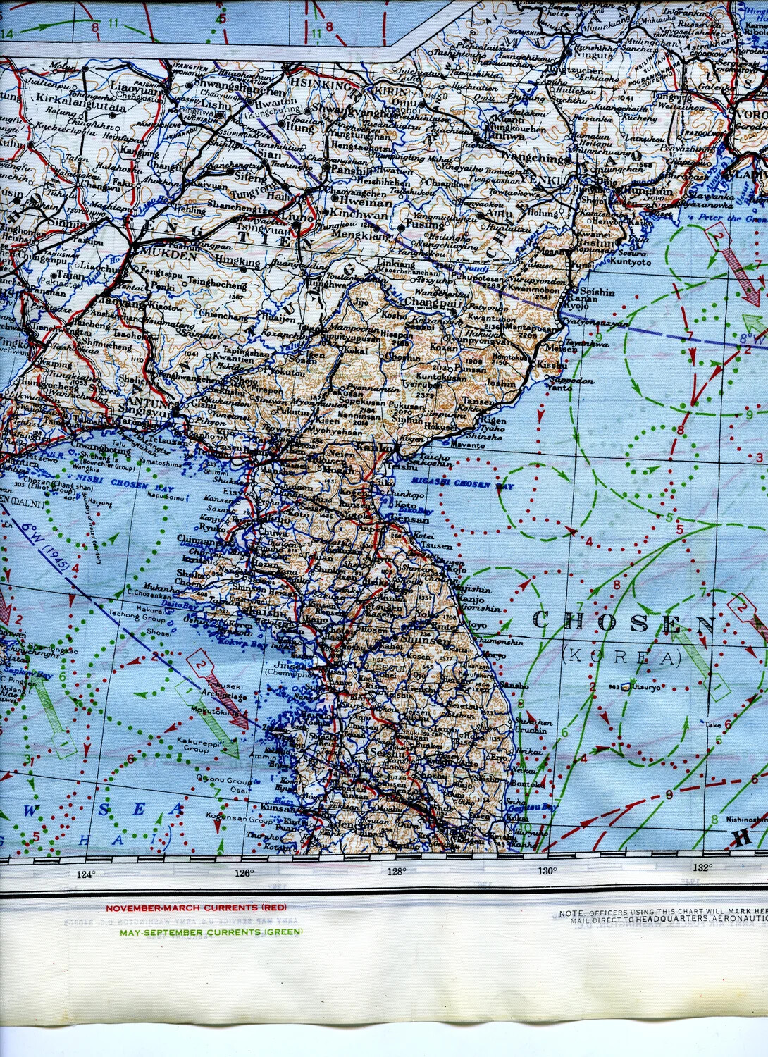 WWII US Army Air Forces Silk Escape Map -- Korea (Chosen) and Manchuria, Blue Side A, Panel 5