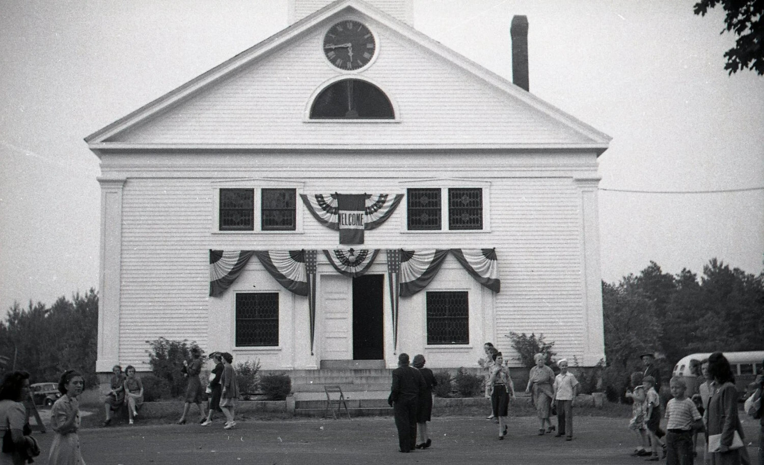 First Congregational Church, Pelham, New Hampshire, Decorated with Patriotic Bunting for a Public Gathering, c. 1940s