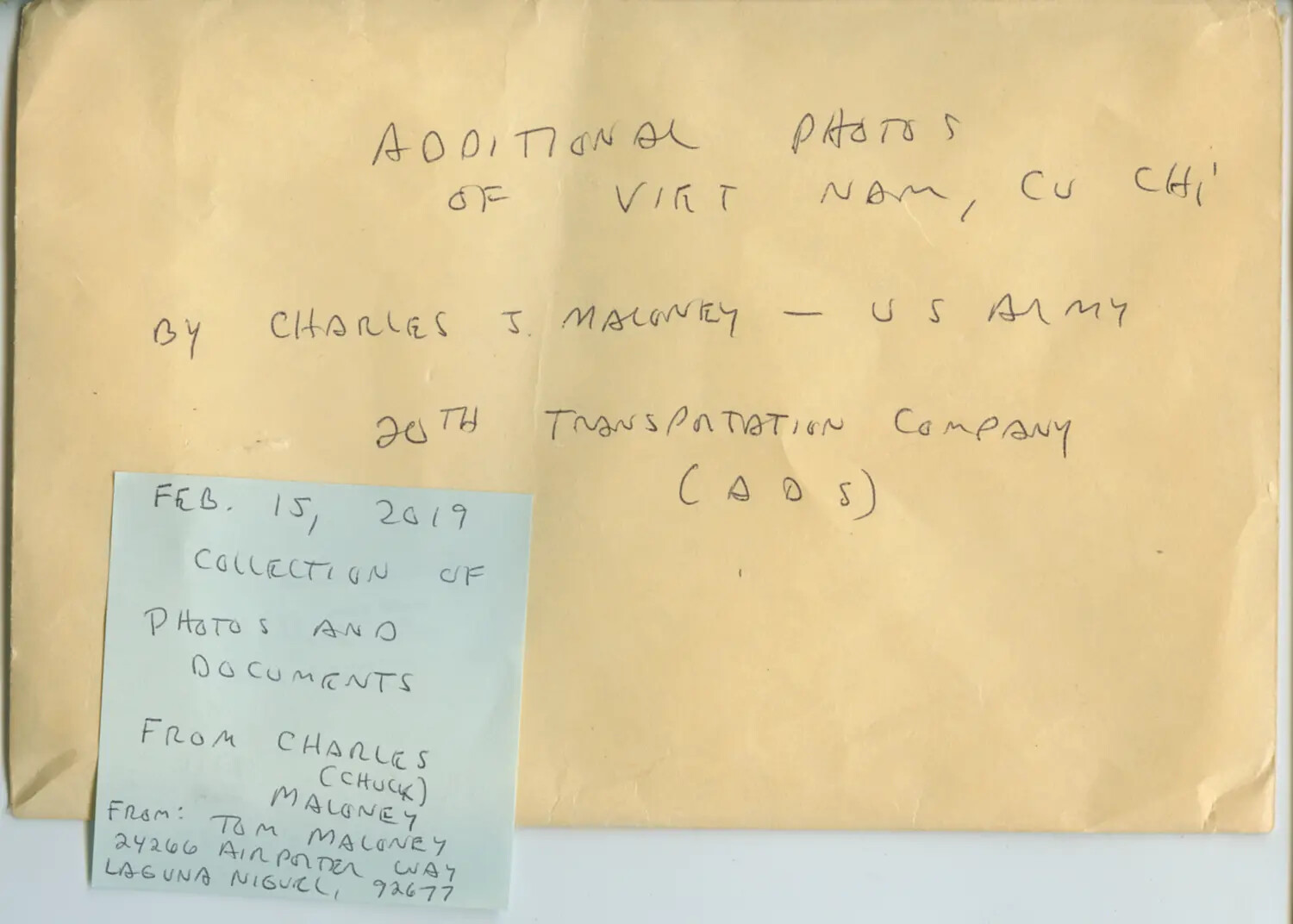 Archival Envelope - 'Additional Photos of Viet Nam, Cu Chi' by Charles J. Maloney, 20th Transportation Company