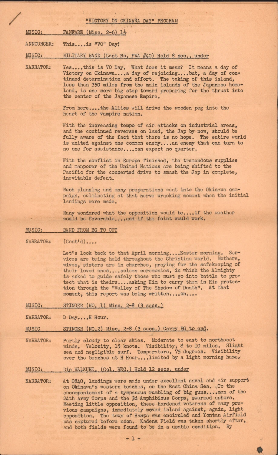 "Victory on Okinawa Day" Radio Program Script, Page 1 - WWII Pacific Theater Broadcast