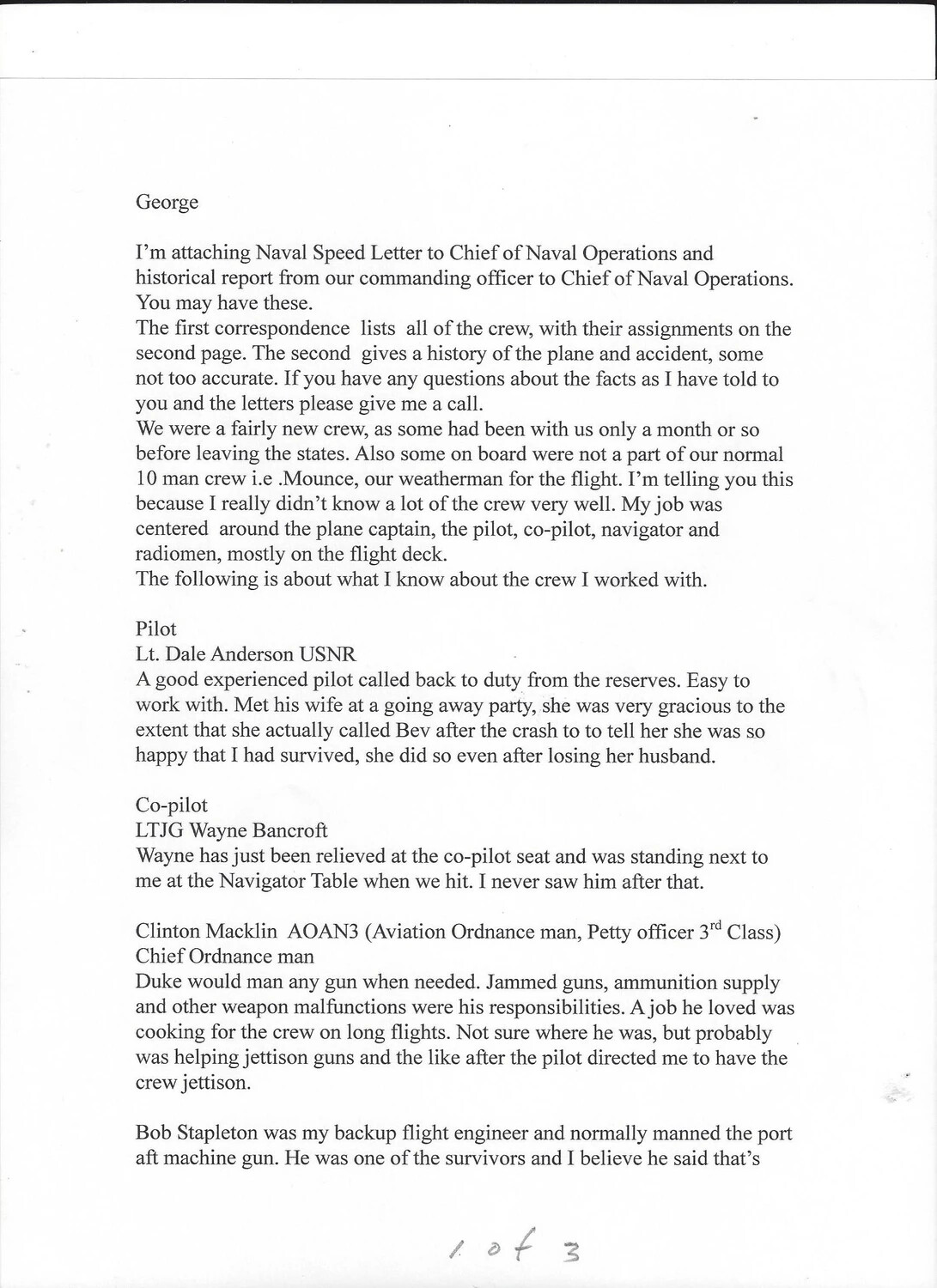Typed Letter to 'George' Recounting Korean War Patrol Plane Crew and Crash, Page 1 of 3