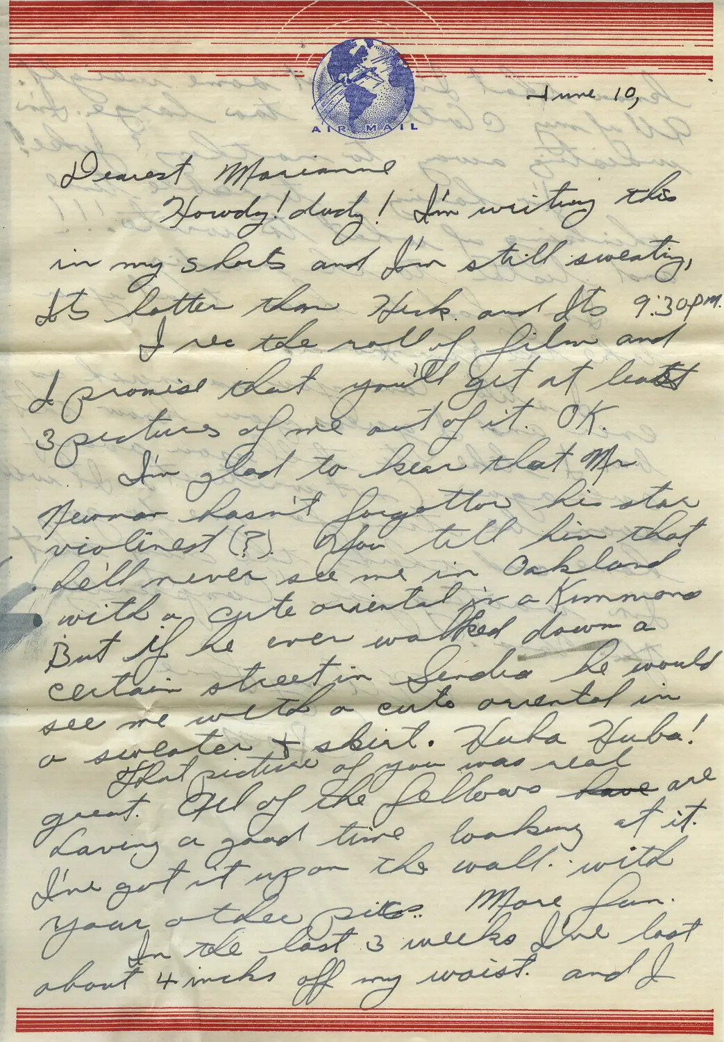 Handwritten Airmail Letter to 'Dearest Marianne,' Dated June 10 (Moon Family Correspondence)