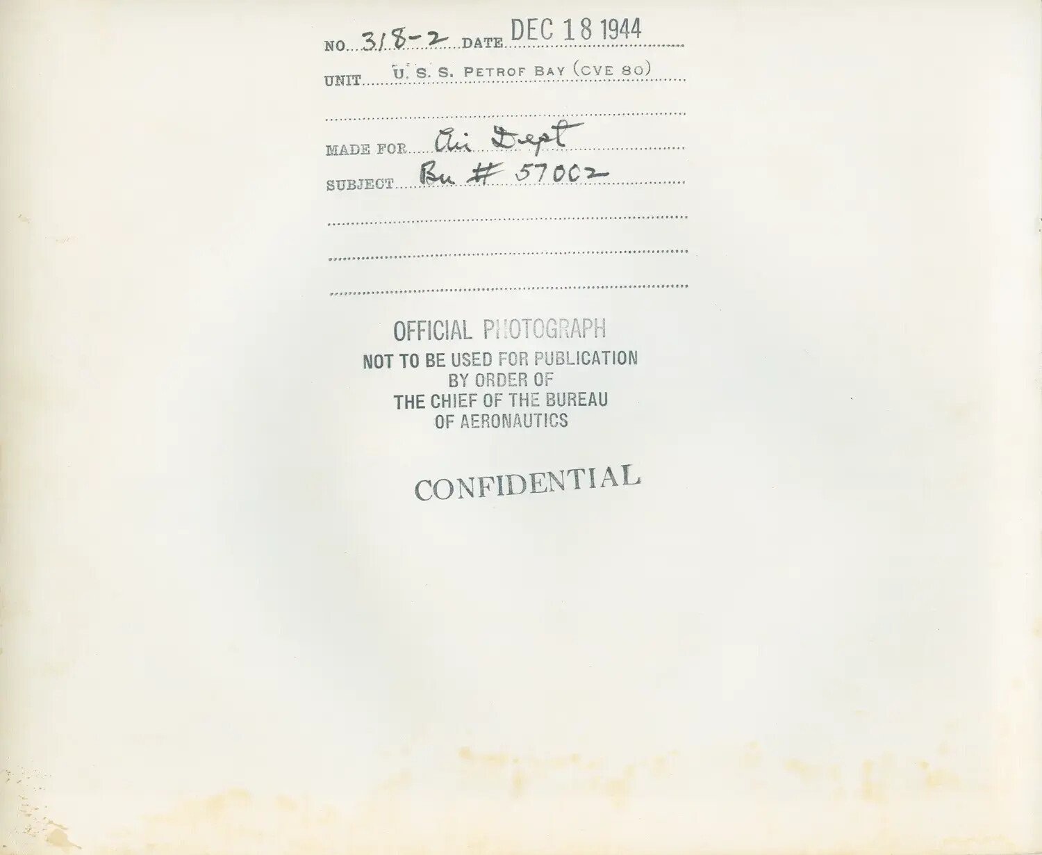 Verso/Backing Sheet of Official U.S. Navy Photograph, USS Petrof Bay (CVE-80), December 18, 1944